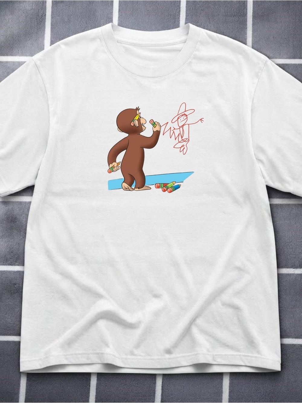 Gildan White Tee with Playful Monkey Chalk Drawing